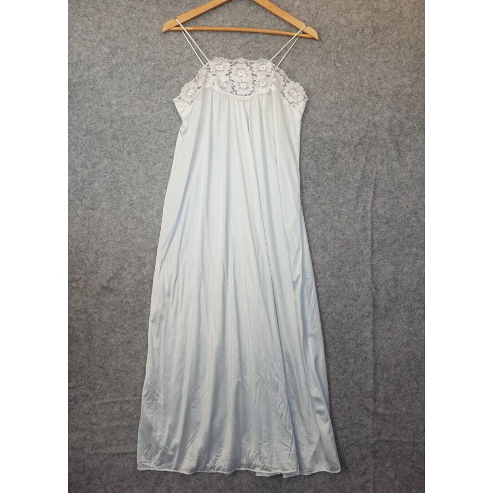 Vintage Flowy Satin Slip Dress XS Light Blue Lace Maxi Nightgown Lounge Romantic